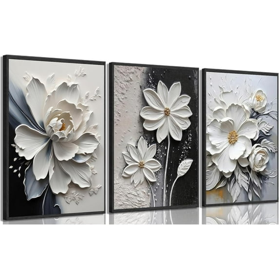 Modern Abstract Floral Canvas Wall Art White and Black Flowers Wall Decor Pictures Elegant Daisy Poster Print Paintings for Office Living Room Bedroom Bathroom Home Decoration(Only canvas)
