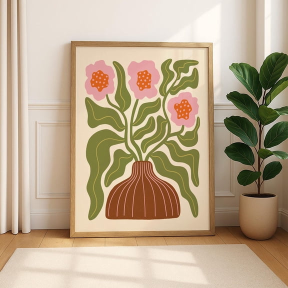 Modern Abstract Floral Wall Art, Pink Flower Striped Vase Print, Mid Century Boho Botanical Print, Feminine Retro Artwork Home Decor #3988, Unframed Poster Size 8x12