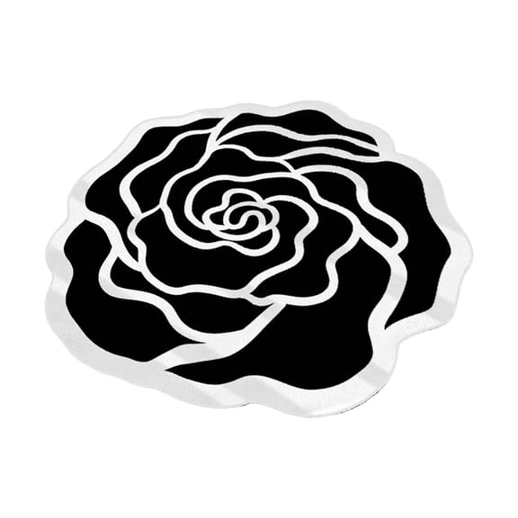 Modern Abstract Flower Rug - Non- Silica Gel Carpet for Bedroom, Bathroom, Kitchen - Boho Round Floor Mat with Beige & Black Lines, Art Deco Design