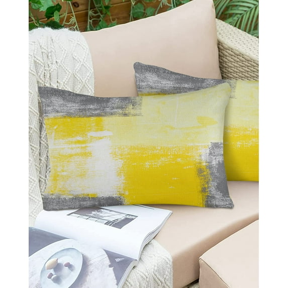 Modern Abstract Geometric Art Outdoor Pillow Covers Set of 2,Decorative Waterproof Throw Pillow Case,Yellow Grey Color Blocks Graffiti Cotton Linen Soft Cozy Cushion Pillowcases