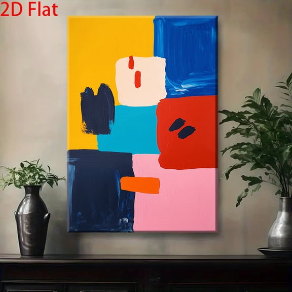 Modern Abstract Geometric Color Block Oil Painting - Vibrant Multicolor Bold Strokes Wrapped Canvas Wall Art with Red, Blue, Yellow, Black, White, Pink, Orange