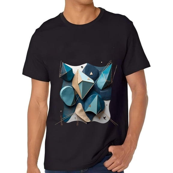 Modern Abstract Geometric Cotton Short Sleeve T-Shirt for Men - Dynamic Blue Beige & Gold Design on Black