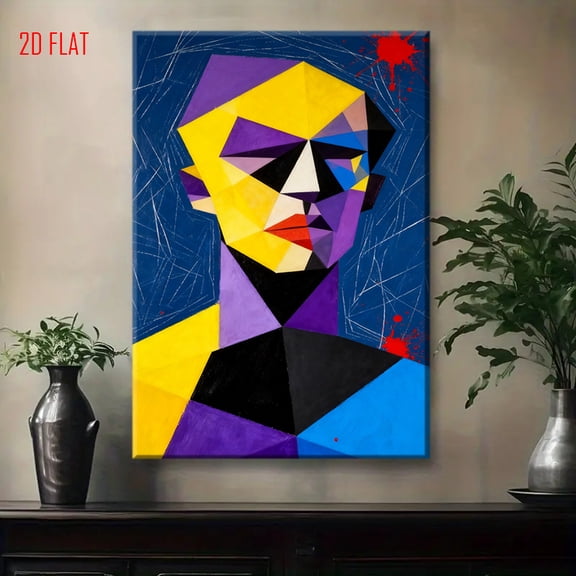 Modern Abstract Geometric Face Painting - Blue Purple Yellow Black Red Splash Ink Art - Flat Panel Contemporary Wall Decor for Living Room, Office, Bedroom - Minimalist Abstract Expressionist Portrai