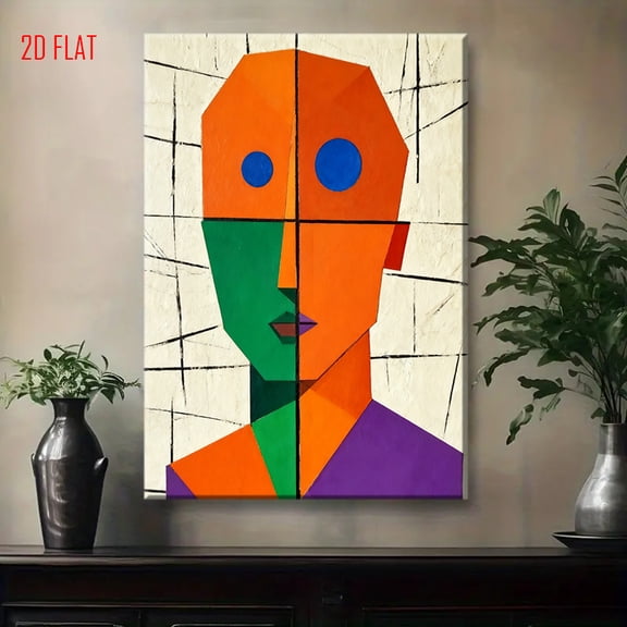 Modern Abstract Geometric Face Wall Art - Multicolor Block Cubist Painting with Blue Eyes & Purple Lips, Beige/Black Line Background - Minimalist Male/Female Profile for