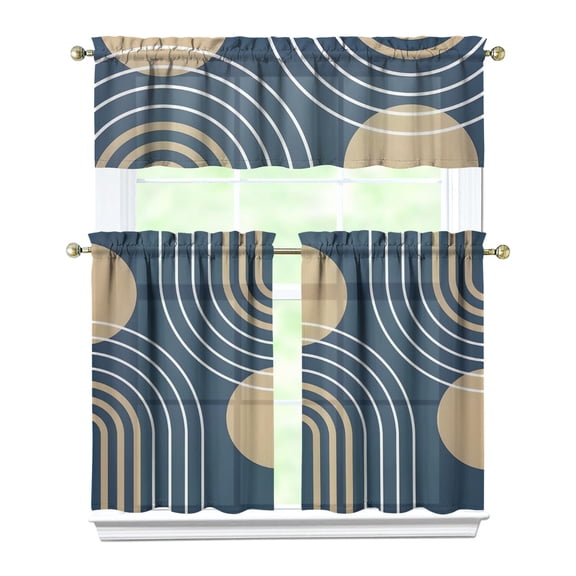 Modern Abstract Geometric Lines Boho Kitchen Curtain Valance 3 Piece Set for Kitchen Curtains and Valance Set Short Curtain Sink Window Decor 36 Inch Small Window Treatment Tier 27.5x36 Length