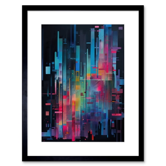 Modern Abstract Geometric Neon Lines Cityscape Painting Artwork Framed Wall Art Print 9X7 Inch