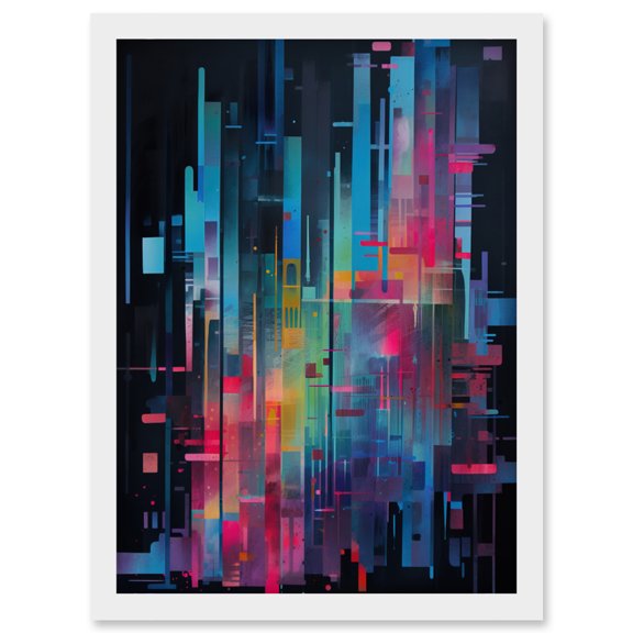 Modern Abstract Geometric Neon Lines Cityscape Painting Artwork Framed Wall Art Print A4
