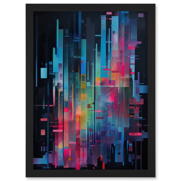 Modern Abstract Geometric Neon Lines Cityscape Painting Artwork Framed Wall Art Print A4