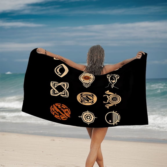 Modern Abstract Geometric Pattern Beach Towel - Minimalistic Design with Intricate Shapes & Central Red Dot - Perfect for Pool & Travel