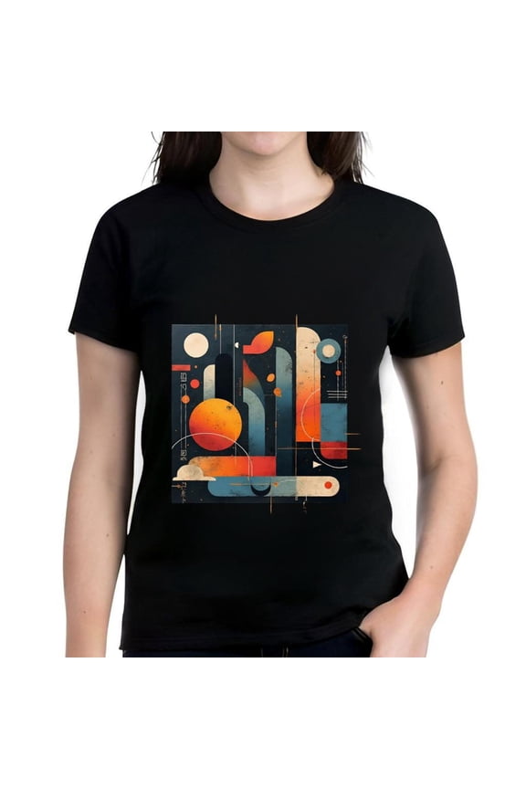Modern Abstract Geometric Pattern Cotton Short Sleeve T-Shirt for Women - Colorful Circles Rectangles & Lines Design