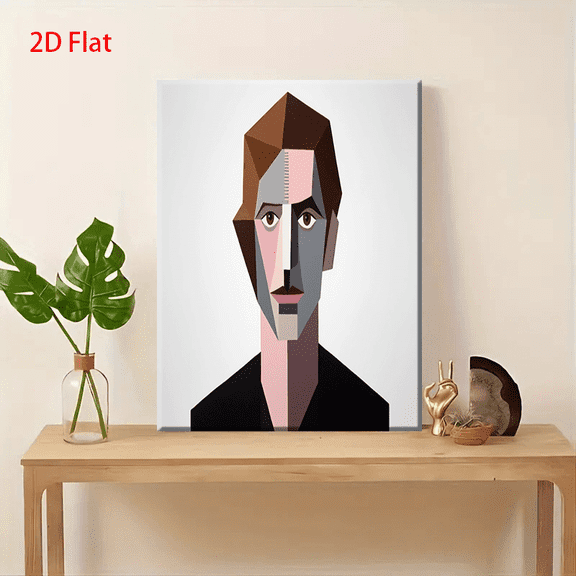 Modern Abstract Geometric Portrait Painting - Minimalist Black White Beige Brown Pink Polygonal Face Wall Art, Flat 2D Flat Panel Contemporary Home Decor for Living Room, Bedroom