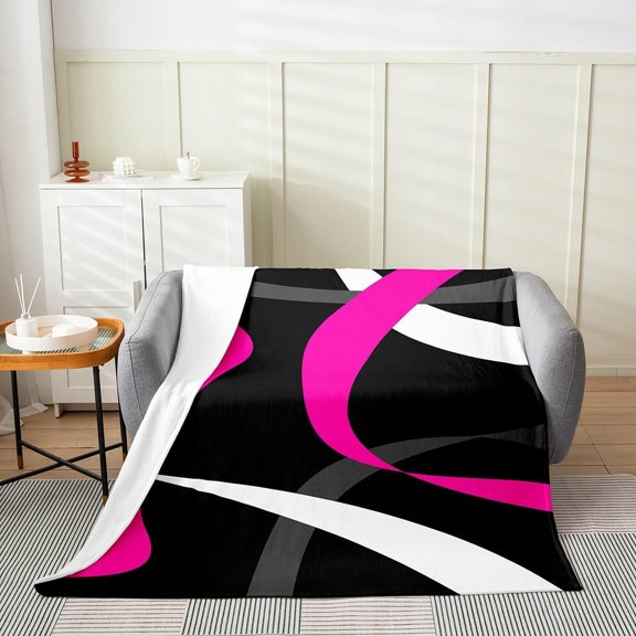 Modern Abstract Geometric Throw Blanket Black Pink and White Soft Flannel Fleece Blanket for Couch Bed