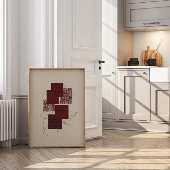 Modern Abstract Geometric Wall Art Burgundy Red Abstract Minimalist Line Art Mid Century Modern Home Decor