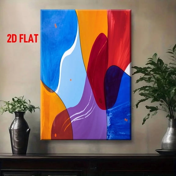 Modern Abstract Geometric Wall Art - Vibrant Blue Orange Red Purple Yellow White Painting - Wrapped Canvas Framed Contemporary Minimalist Multicolor Flat Panel Painting for Living Room