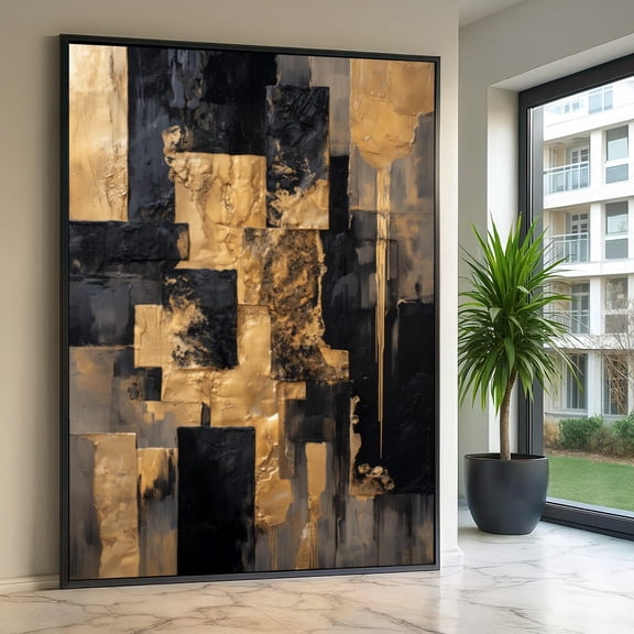 Modern Abstract Gold and Black Wall Art Geometric Shapes Contemporary Home Decoration Luxury Metallic Accent