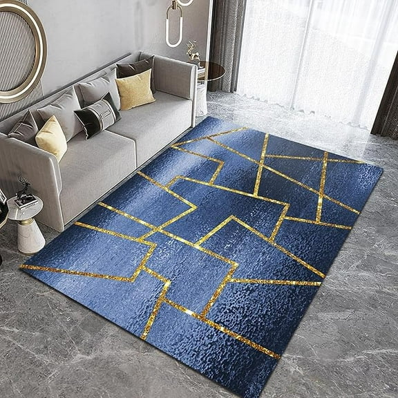 Modern Abstract Gradient Navy Area Rug, Nordic Luxury Gold Line Geometric Stripes Soft Washable Carpet, Easy Clean Rug For Boys And Girls Nursery Bed Living Room Decor Rugs 4 x 5ft