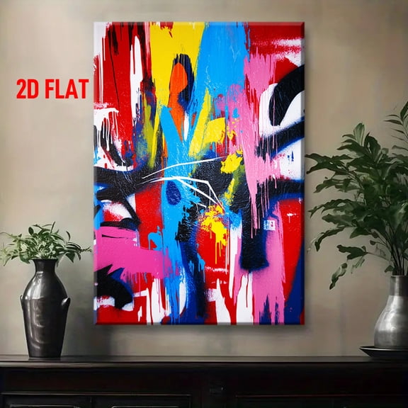 Modern Abstract Graffiti Wall Art Painting - Red Yellow Blue Black White Bold Strokes Wrapped Canvas Framed, Contemporary Urban Style Vibrant Color Splash for Living Room, Bedroom,