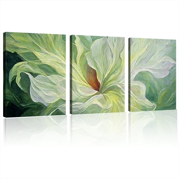 Modern Abstract Green Leaf Canvas Wall Art Wrap-Around Frame, High-Quality Ink Print, Serene Botanical Motifs for Living Room, Bedroom, Office & Dining Room Decor 12x16inchx3pcs