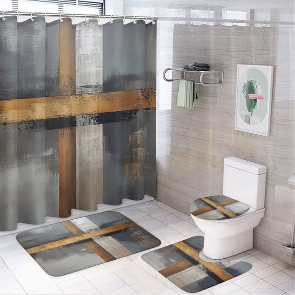 Modern Abstract Grey And Brown Striped 4Pcs Shower Curtain Sets with Rugs with Rugs Toilet Lid Cover and Bath Mat Modern Geometric Waterproof Fabric Bath Curtains for Bathtub Decor