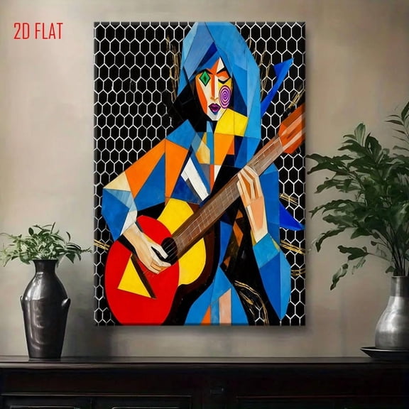 Modern Abstract Guitarist Wall Art - 2D Flat Geometric Female Musician Painting with Blue & Red Hexagon Patterns, Black Honeycomb Background - Minimalist Female Guitar Player Decor for Music Room, -