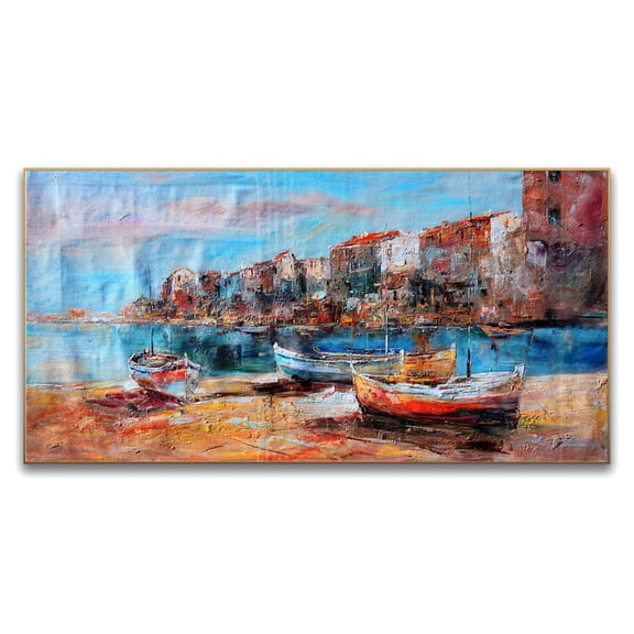 Modern Abstract Handmade Wall Art Colorful Cityscape Hand Painted on Canvas Boat Landscape The Shore of Town Oil Painting For Home Decor