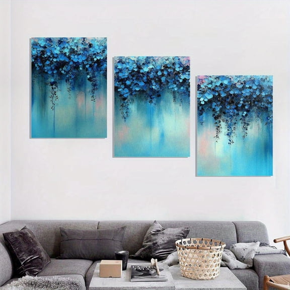 Modern Abstract Hanging Plants Triptych Canvas Wall Art - Large 12x16 Inch Frameless Painting with Blue, Turquoise, Pink, Purple, Green, White, Black, Gray, Beige - Minimalist Living Room, Bedroom,