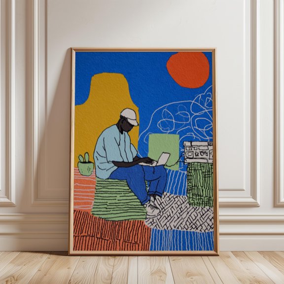 Modern Abstract Illustration Of Man Working On Laptop Contemporary Creative Workspace Wall Art Print, Unframed Paper Print