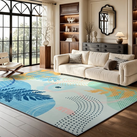 Modern Abstract Indoor Area Rug, Pastel Floral Geometric Rug for Living Room Bedroom Patio,4'x6',Blue
