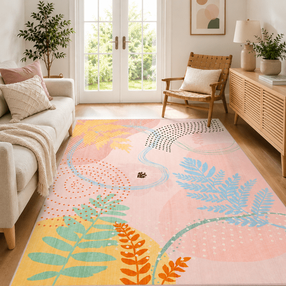 Modern Abstract Indoor Area Rug, Pastel Floral Geometric Rug for Living Room Bedroom Patio,4'x6',Pink