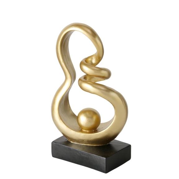 Modern Abstract Infinity Ribbon Sculpture - Gold Metallic Art Object with Sphere & Matte Black Base - Handcrafted Resin Figurine, 9.5 Inches