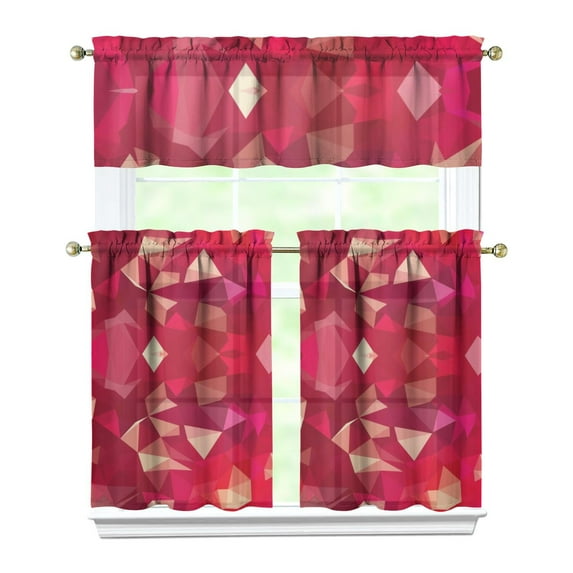 Modern Abstract Kitchen Curtains 3-PC Bundle - Colorful Geometric Pop Art, Fashionable Semi-Sheer Window Treatment with Valance