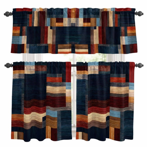 Modern Abstract Kitchen Curtains Valances 3 Pcs Set, Geometric Architectural Art Color Blocks in Deep Navy Rod Pocket Tier Curtain and Valance Drapes for Small Window 24 Inch Length for Bedroom Cafe