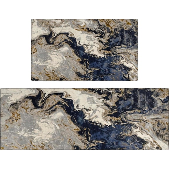 Modern Abstract Kitchen Mat Set of 2,Modern Farmhouse Kitchen Rugs and Mats Non Skid Washable,Blue Marble Runner Rugs with Rubber Backing for Kitchen Decor and Accessories (17"x47"+17"x30")