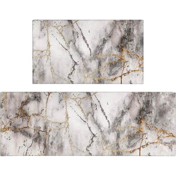 Modern Abstract Kitchen Mat Set of 2,Modern Farmhouse Kitchen Rugs and Mats Non Skid Washable,Grey & Gold Runner Rugs with Rubber Backing for Kitchen Decor and Accessories (17"x47"+17"x30")