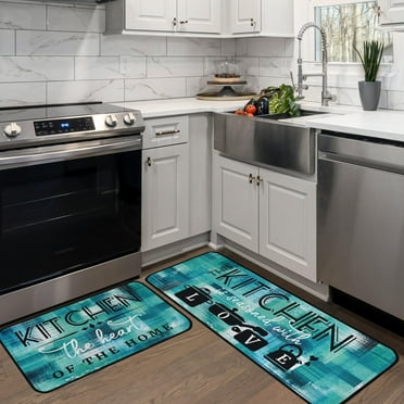 Modern Abstract Kitchen Mats for Floor, Blue Green Turquoise Teal Kitchen Rugs Set of 2 Carpet Area Rug, Vintage Farmhouse Modern Kitchen Decor and Accessories Stuff, 17x30 and 17x47 Inch