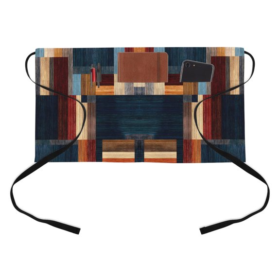 Modern Abstract Kitchen Restaurant Half Waist Apron, Geometric Architectural Art Color Blocks in Deep Navy Server Short Apron with 3 Pockets Waterproof Oil Waist Aprons for Women Waitress Waiter