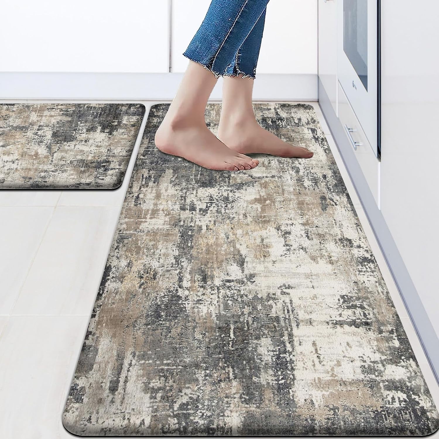 Modern Abstract Kitchen Rugs 2 Pieces Blue Grey Kitchen Mat Cushioned Anti Fatigue Mats for ...