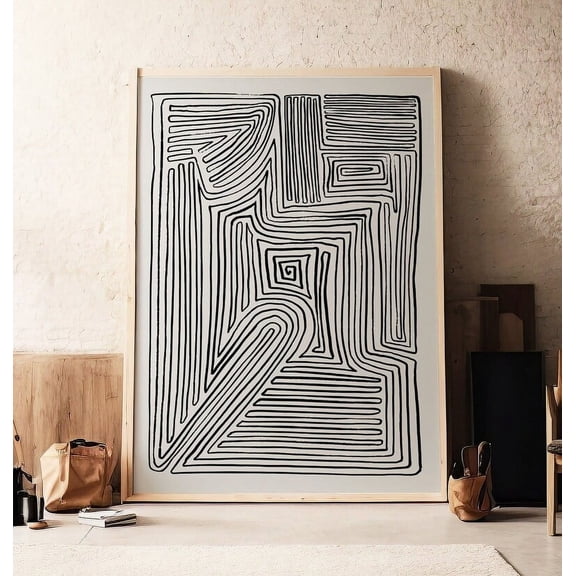 Modern Abstract Labyrinth Art, Beige Black Neutral Print