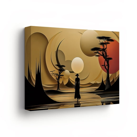 Modern Abstract Landscape Canvas Wall Art – Gold Sunset Silhouette Decor, Framed, 12x8 to 36x24 Inch