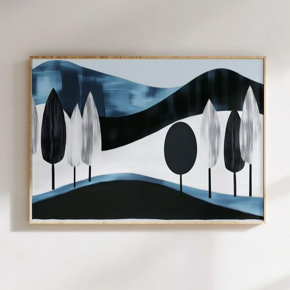 Modern Abstract Landscapeblack And White Trees With Rolling Blue Hills, Minimalist Print, Serene Contemporary Wall Art, Modern Wall Decor, 24x36 UNFRAMED