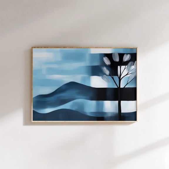 Modern Abstract Landscapeblue Mountain Silhouette With Black Tree In Minimalist Style, Serene Geometric Wall Art, Modern Wall Decor, 12x18 UNFRAMED