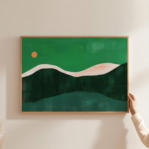 Modern Abstract Landscapeminimalist Green Hills With Sun And Soft Peach Ridge, Nature Print, Serene Contemporary Decor Wall Art, Modern Wall Decor, 8x12 UNFRAMED