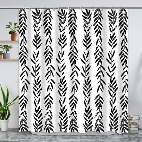 Modern Abstract Leaves Shower Curtain Black White Farmhouse Minimalist Shower Curtain Boho Spring Neutral Waterproof Polyester Fabric Bathroom Decor Shower Curtain Set, 72 x 72 Inches