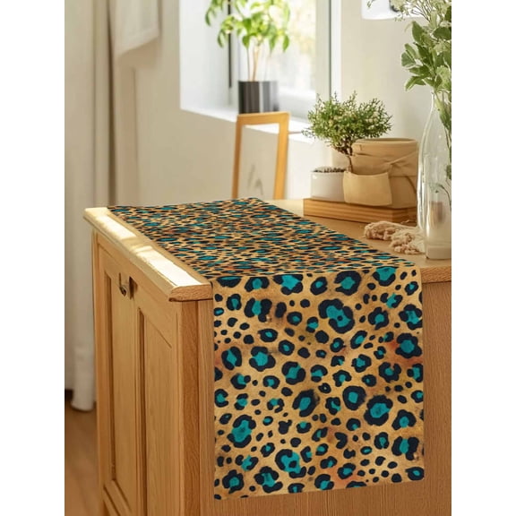 Modern Abstract Leopard Print Table Runner 36 Inches Long,Kitchen Dining Tablerunners Teal Light Brown Animal Print Linen Table Runners Dresser Scarves for Home Dinner Wedding Holiday Party Decor
