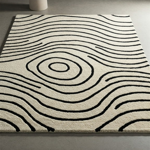 Modern Abstract Line Area Rug – Cream & Black Hand-Tufted Wool Carpet for Living Room or Bedroom – Universal Carpets