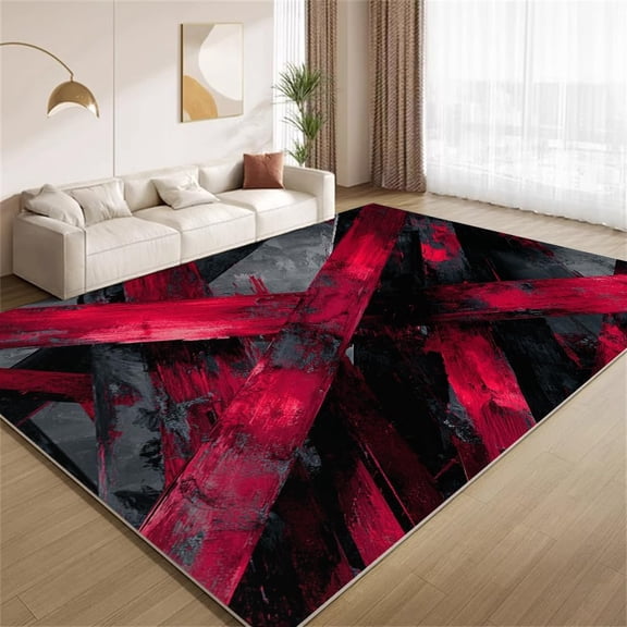 Modern Abstract Line Area Rugs, Black Red Carpet, Washable Non Slip Low Pile Soft Rug for Bedroom Living Room Decor Mat 3ftx5ft