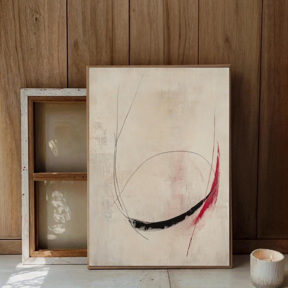 Modern Abstract Line Art Minimalist Neutral Red Black Accents, Unframed Paper Poster 8x10in