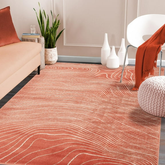 Modern Abstract Line Design Indoor Area Rug, 8' x 10', Coral