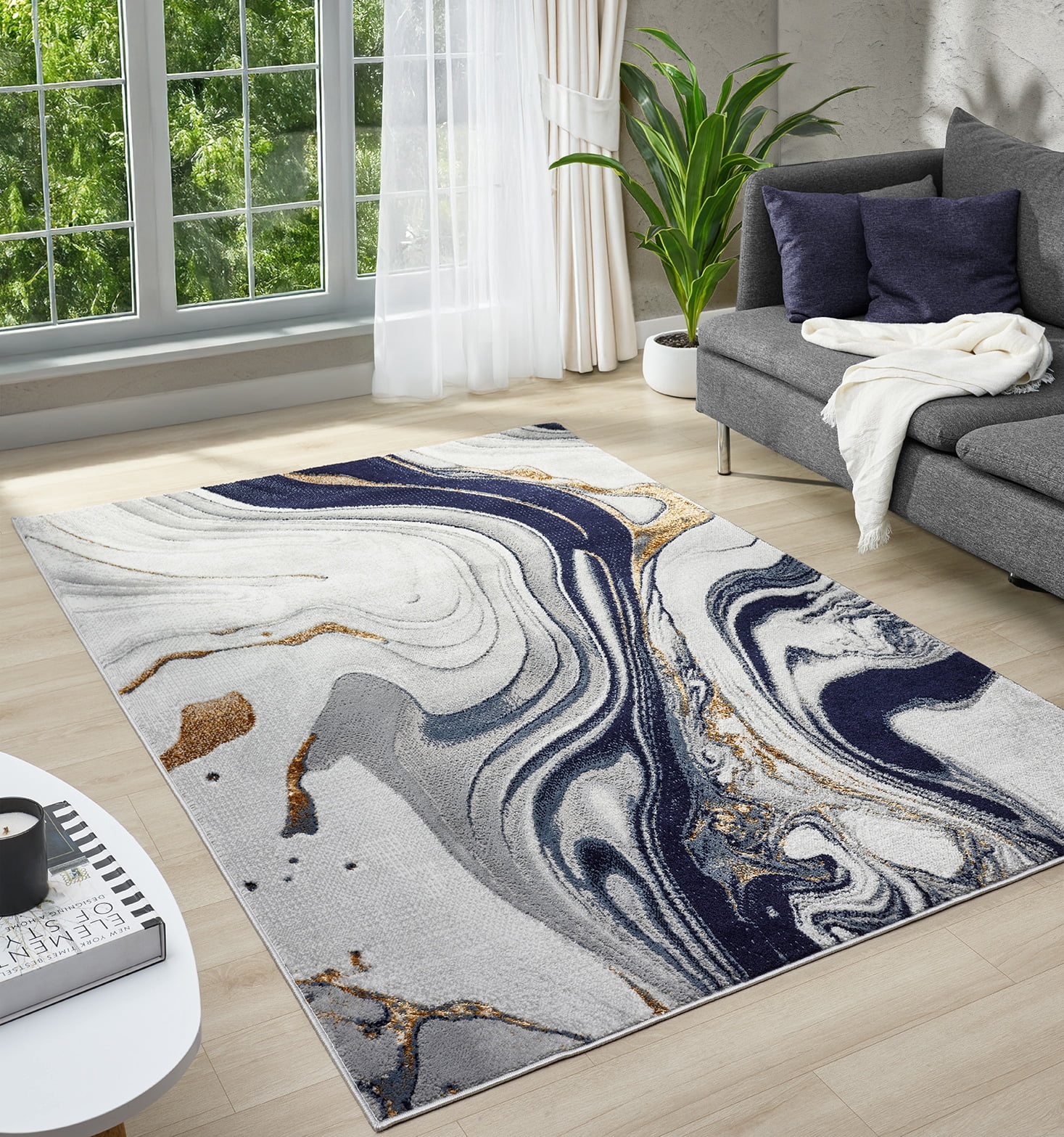 Modern Abstract Marble Area Rug with Gold Lurex Accents, Navy, 5x7 ...