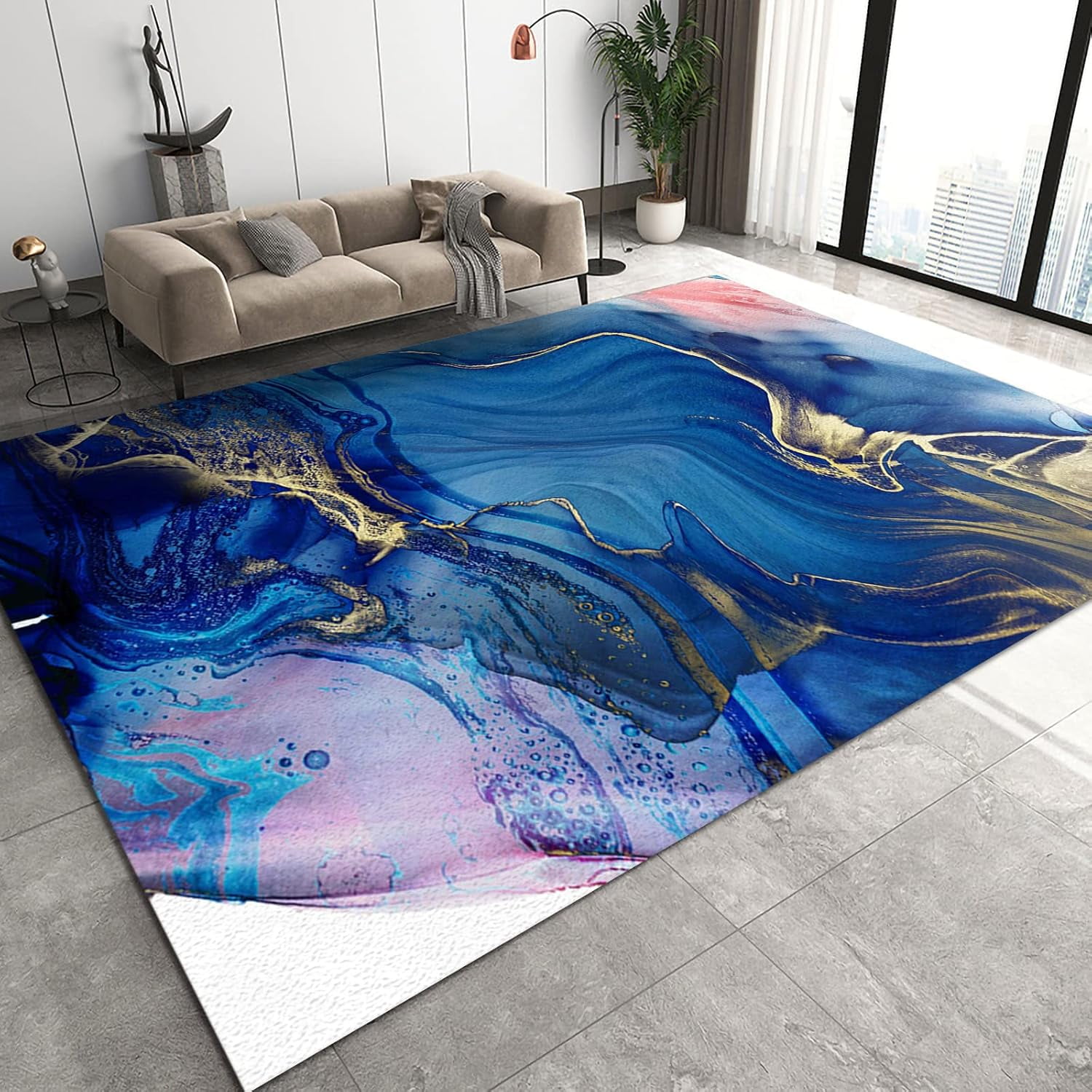 Modern Abstract Marble Area Rugs, Luxurious Golden Yellow Oil Painting ...